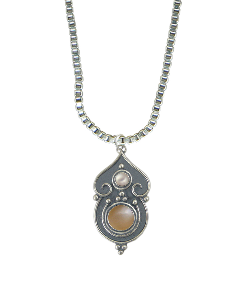 Sterling Silver Necklace Peach Moonstone And Cultured Freshwater Pearl